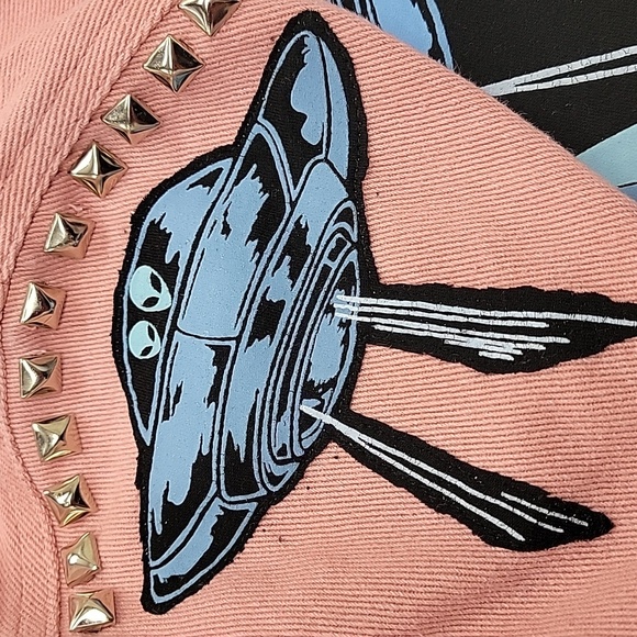 Pink Jean Jacket with Alien Graphics Upcycled Retro - Picture 7 of 9